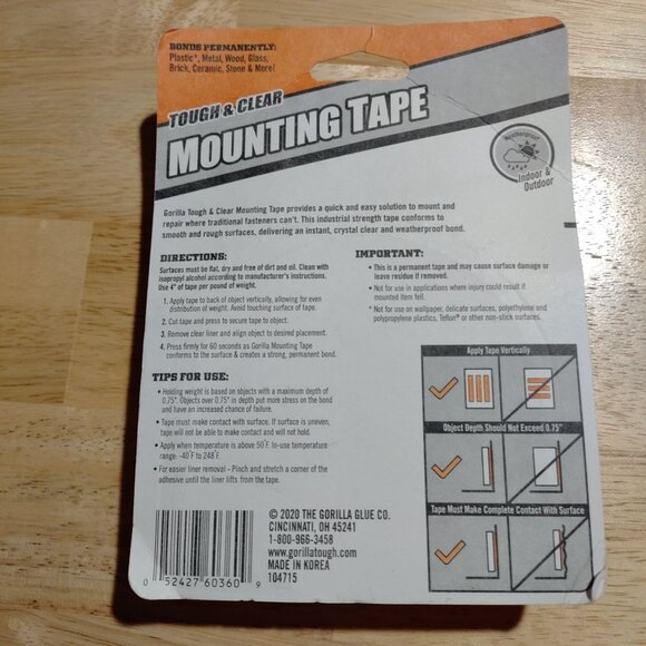 Gorilla Tough & Clear Mounting Tape 1" x 150" Holds 38 Lbs Double-Sided Adhesive - Picture 4 of 6